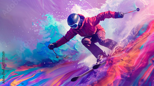 Abstract skiing. Descent giant slalom skier from splash of watercolors. Extreme slalom winter sport.