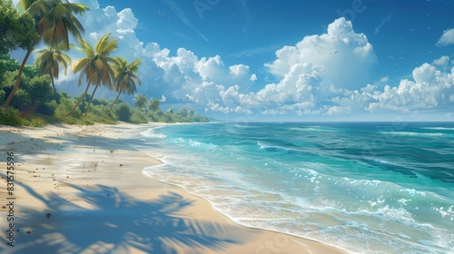 tropical paradise  a picturesque tropical beach with swaying palm trees  clear waters gently lapping the shore  and soft sand