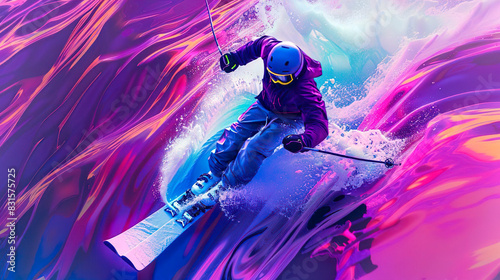 Abstract skiing. Descent giant slalom skier from splash of watercolors. Extreme slalom winter sport.