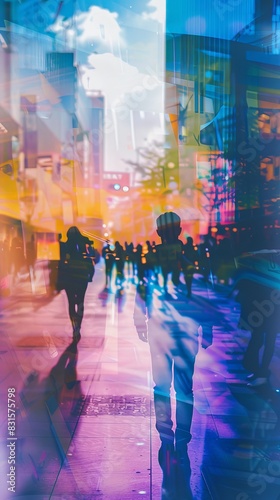 Abstract urban scene with people walking in city streets  vibrant colors  and dynamic lighting effects  creating a blend of motion and stillness.