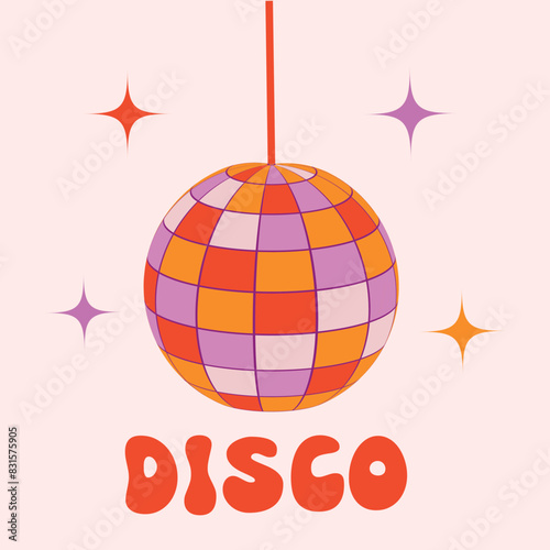 Retro Groovy disco ball in orange, red and pink with  little stars on white background . Disco vintage poster for retro 70s parties