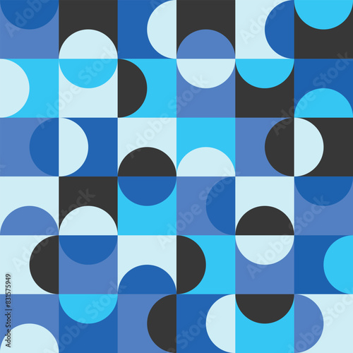 Mid century modern half circles seamless pattern in blue, turquoise, black and white  For home décor, modern art poster and textile