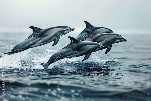 A group of dolphins leaping out of the water  communicating through whistles and clicks.