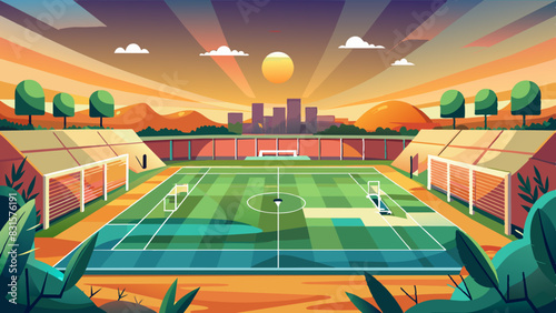 Cancha de fútbol con atardecer