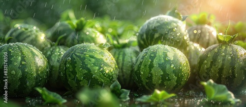 A pile of fresh green big watermelons, harvest concept photo