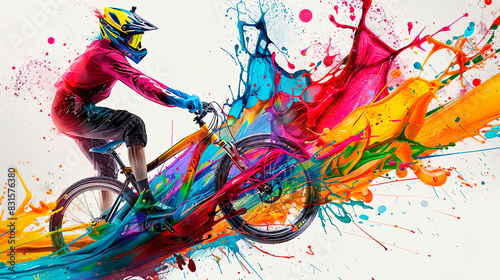 Silhouette of bicyclist with color ink splash elements. Bicycle watercolor paint splash. Flying cyclist in a helmet.