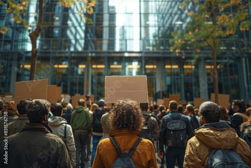 Workers protesting against layoffs and wage cuts outside a corporate headquarters. Concept of labor unrest and economic inequality. Generative Ai.