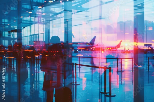 Silhouette of traveler at airport terminal with planes outside during vibrant sunset, reflecting colorful lights on the glass walls. photo