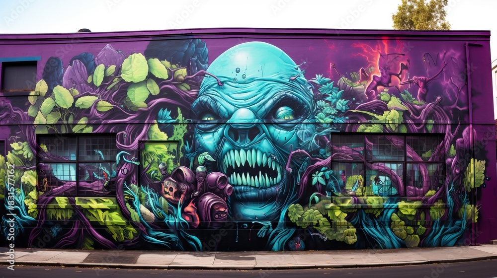 Obraz premium Illustration design of local art and street art movements, with a green background and colorful flowers