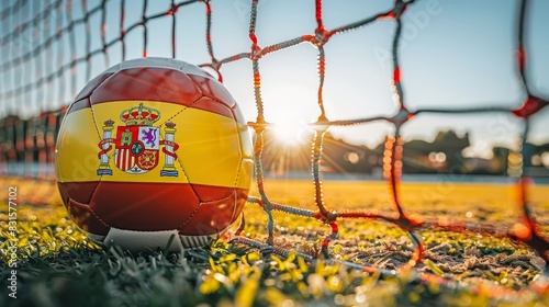 Spain national flag soccer ball in goal net, sports concept with spanish colors for football fans
