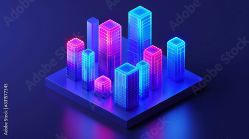 A vibrant cityscape blending 2D and 3D buildings  featuring neon colors and AR holograms.