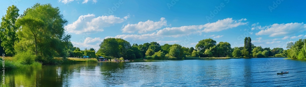 Riverside Picnic, a peaceful riverside scene with people having a summer picnic Riverside Picnic, a peaceful riverside scene with people having a summer picnic
