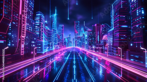 A vibrant cityscape blending 2D and 3D buildings, featuring neon colors and AR holograms.