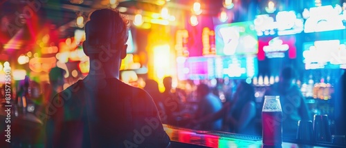 Vibrant nightlife scene with colorful neon lights in a crowded bar, featuring a silhouette of a person enjoying the lively atmosphere. photo