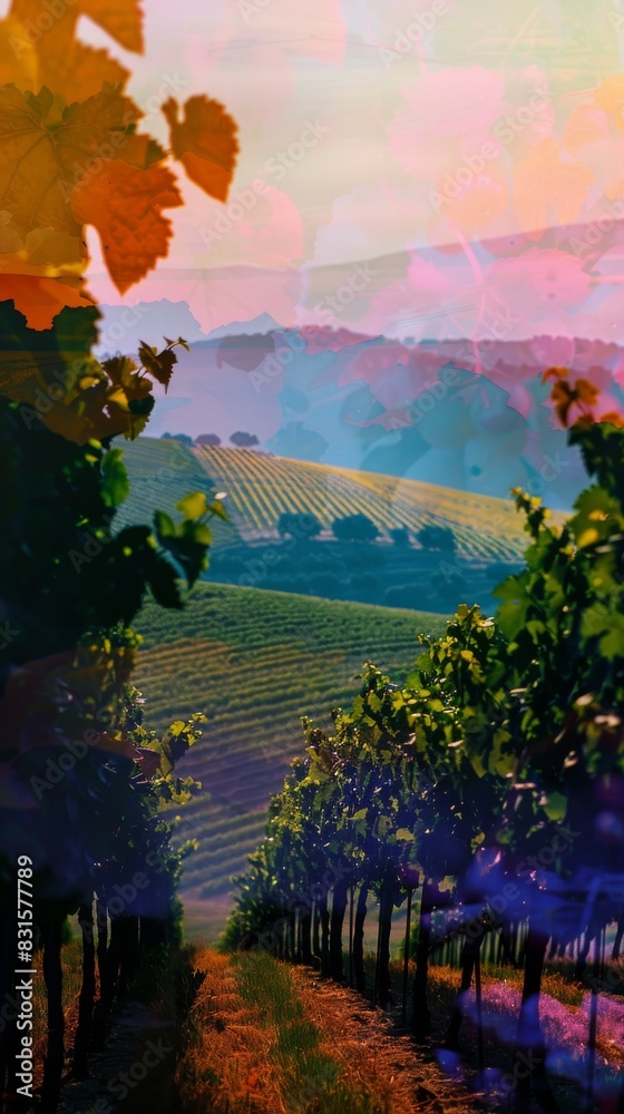 Vibrant vineyard landscape with colorful abstract overlay, capturing rows of grapevines under a sunset sky in rolling hills.