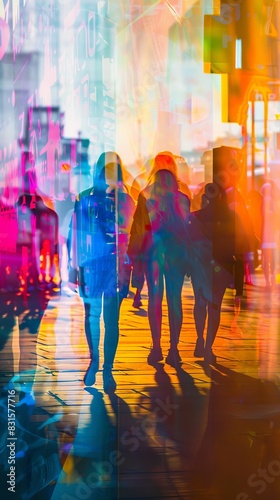 Vibrant urban scene with colorful light and silhouettes of people walking  creating a dynamic and abstract visual experience.