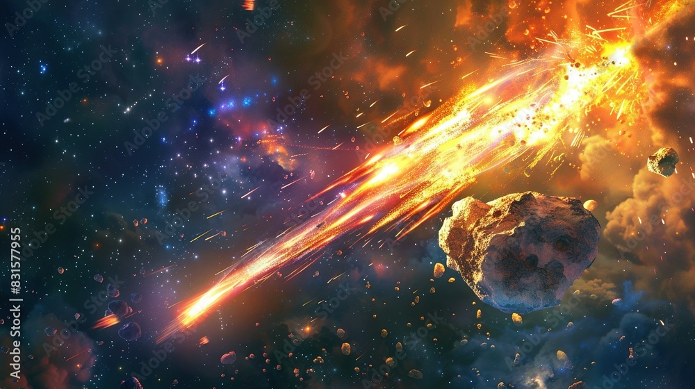 Obraz premium Abstract Space Background: Burning Comet and Flashing Laser