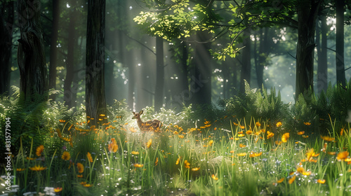 A peaceful scene in a sunlit forest clearing  with wildflowers and tall grasses gently swaying in a light breeze. Sunbeams filter through the dense canopy above  creating patterns of light and shadow 
