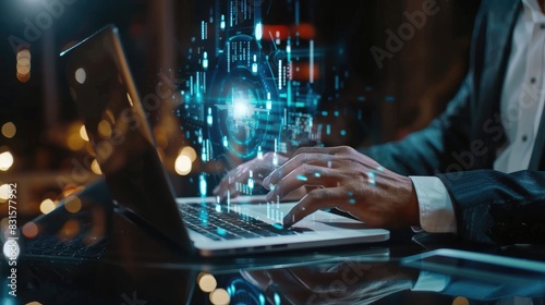 Cyber security and data protection. Businessman using laptop computer protecting business and financial data with virtual network connection. Innovation technology develop 