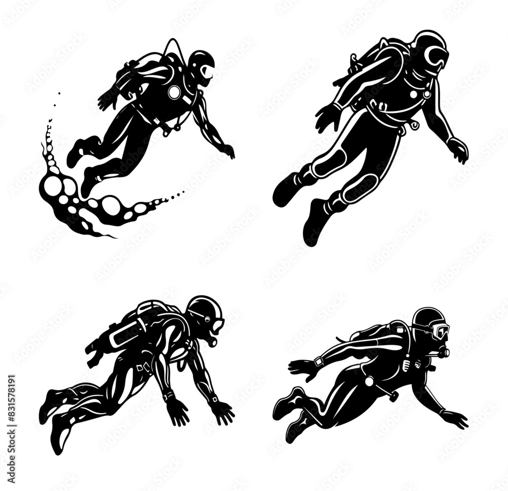 A collection of four black and white illustrations of scuba divers in various underwater poses, showcasing the gear and movements of diving enthusiasts. A collection of four black and white illustrations of scuba divers in various underwater poses, showcasing the gear and movements of diving enthusiasts.