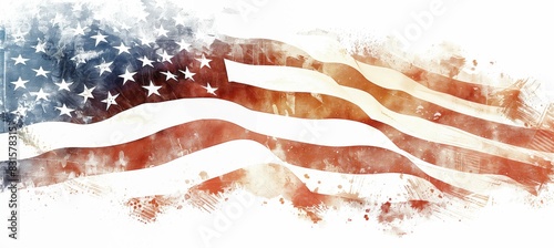 Abstract American Flag with Weathered Texture and Artistic Brush Strokes on White Background photo
