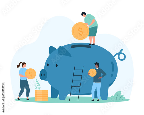 Financial investment, bank deposit and savings, budget planning. Tiny people save gold dollar coins in piggy bank, collect cash money of income in safe pig moneybox cartoon vector illustration