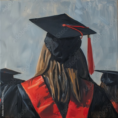 Female Graduate in Black Gown and Hat Woman Student Graduation Achievement Back of Head Brown Hair photo