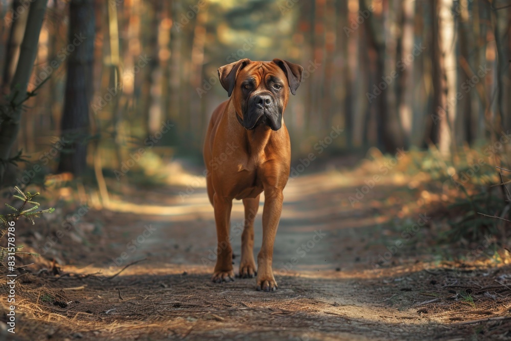 A brown dog on dirt path in woods, surrounded by trees