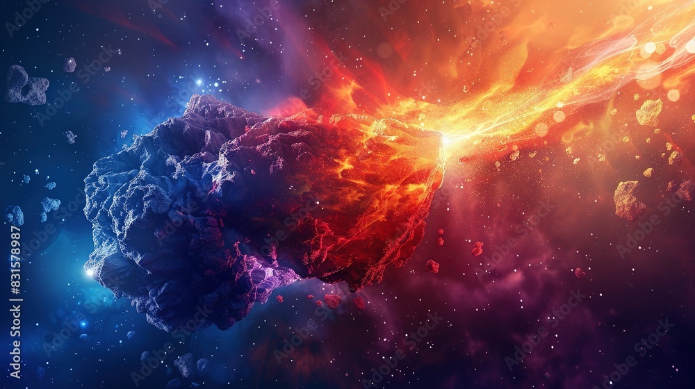Obraz premium Bright Abstract Space: Burning Comet and Laser Flash