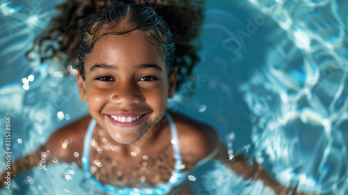 A smiling young African American girl standing in a swimming pool while looking upwards and smiling. Refreshing summer fun.