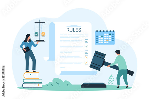 Compliance document, corporate policy, law information and regulatory checklist. Tiny people with justice scales and gavel control list of terms and rules for regulation cartoon vector illustration