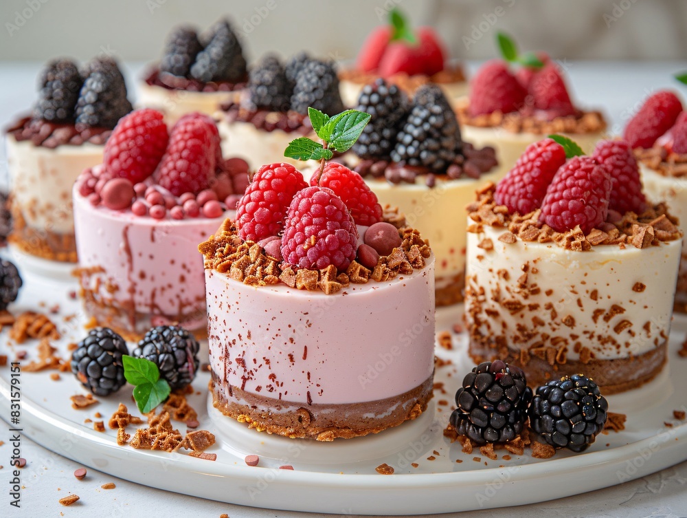 Exquisite Mini Cheesecakes with Assorted Toppings on White Platter - Sweet Indulgence Dessert Collection Exquisite Mini Cheesecakes with Assorted Toppings on White Platter - Sweet Indulgence Dessert Collection