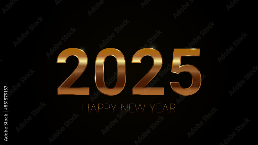 Isolated shiny minimalist inscription 2025 in gold numerals on black background with text. Design Happy New Year 2025. Notebook cover, brochure design template, postcard, banner. Vector EPS 10 Isolated shiny minimalist inscription 2025 in gold numerals on black background with text. Design Happy New Year 2025. Notebook cover, brochure design template, postcard, banner. Vector EPS 10