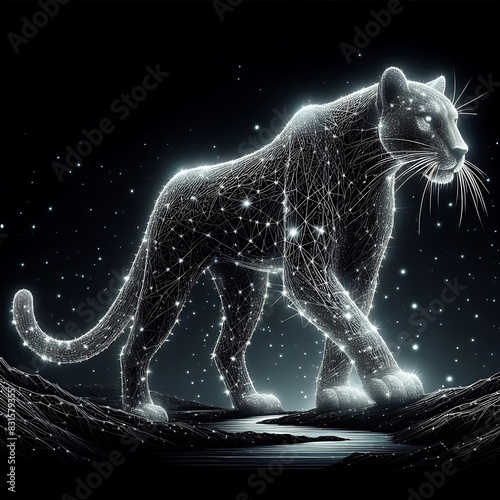 Wireframe Silver Glow Panther with Energy-Charged Silhouette in Tenebristic Night photo