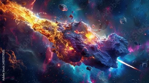 Space abstract background, burning comet, flash, laser through the stone, bright colors photo