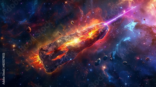 Space abstract background, burning comet, flash, laser through the stone, bright colors