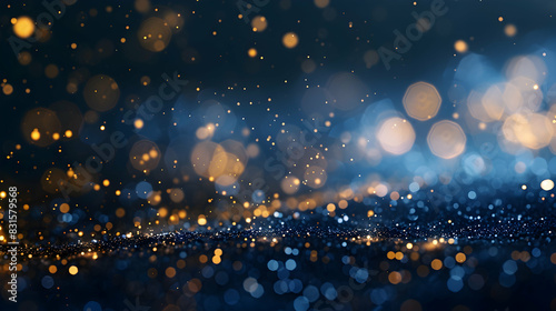 Abstract navy blue blurred background with bokeh and gold glitter header footers. Copy space. photo