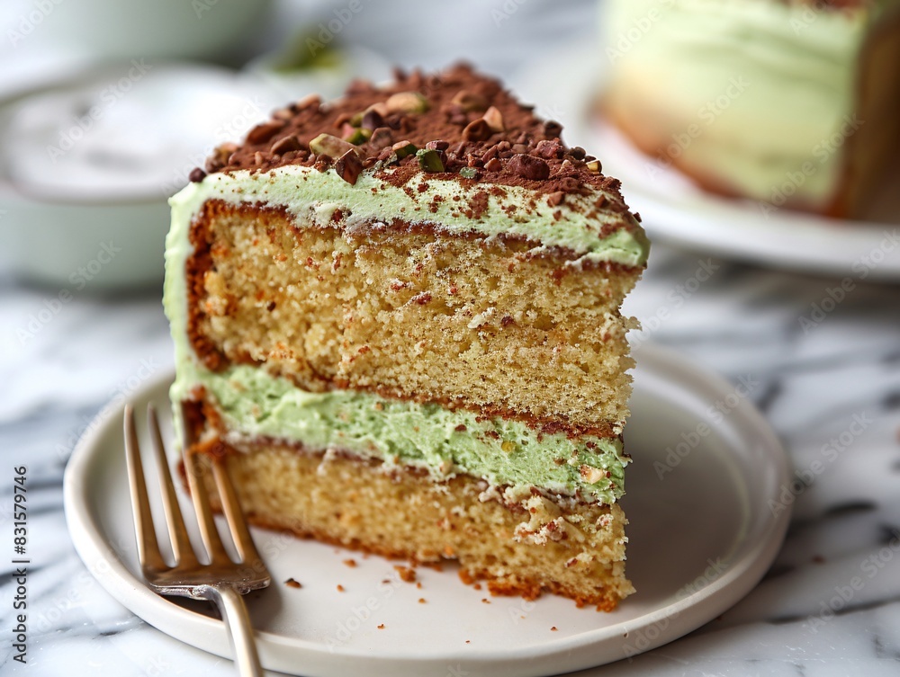 Indulgent Pistachio Cake Slice with Creamy Frosting on Marble Countertop - Close-Up Dessert Photography Indulgent Pistachio Cake Slice with Creamy Frosting on Marble Countertop - Close-Up Dessert Photography