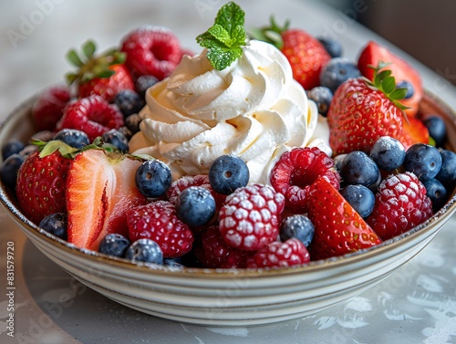 Fresh Mixed Berries with Whipped Cream on White Table in Natural Light