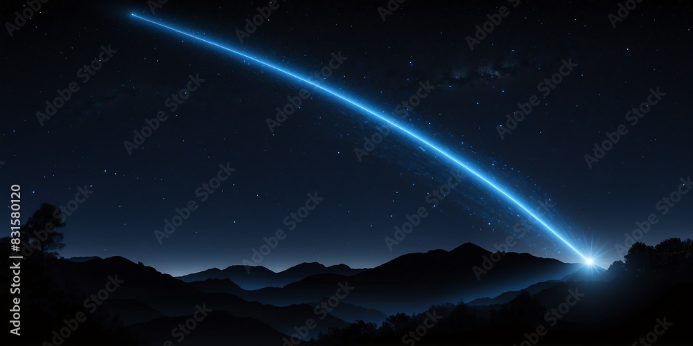 luminous glowing blue trail of shooting star on a dark night sky