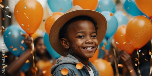 african kid boy with orange balloons and confetti happy smiling on party concept background photo