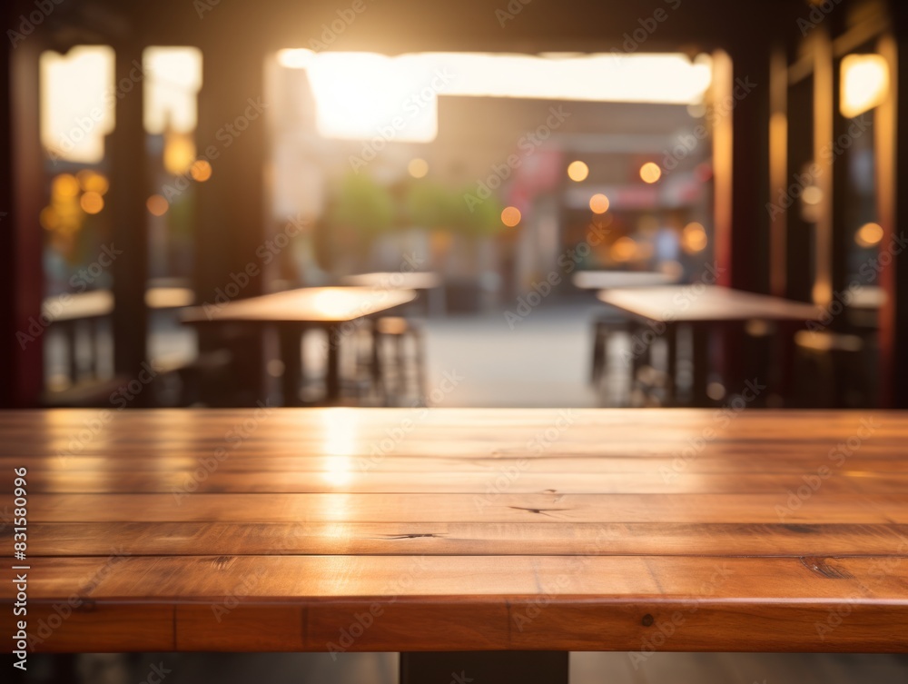 Empty wooden table and Coffee shop blur background with bokeh image. Empty wooden table and Coffee shop blur background with bokeh image.
