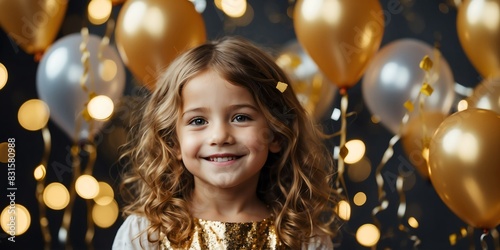 kid girl with gold balloons and confetti happy smiling on party concept background