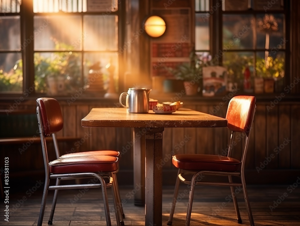 Empty wooden table and Coffee shop blur background with bokeh image.