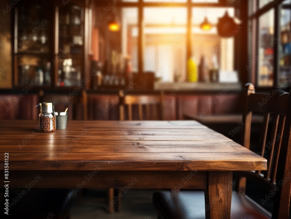 Empty wooden table and Coffee shop blur background with bokeh image. Empty wooden table and Coffee shop blur background with bokeh image.