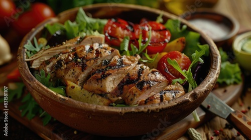 Grilled chicken salad in a rustic bowl, showcasing a healthy meal option with a variety of fresh vegetables and a delightful char on the meat realistic hyperrealistic 