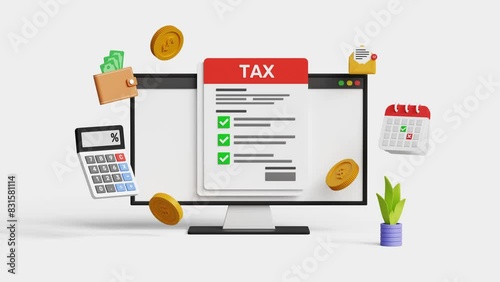 Calculation tax return concept. Income tax online return form for payment. Financial research. 4k 3d loop animation photo