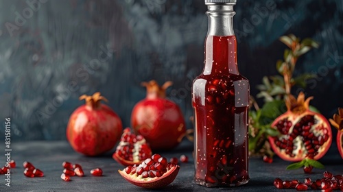 Glass bottle containing pomegranate sour sauce with whole and sliced ripe pomegranate fruit also known as nar eksisi in Turkish photo