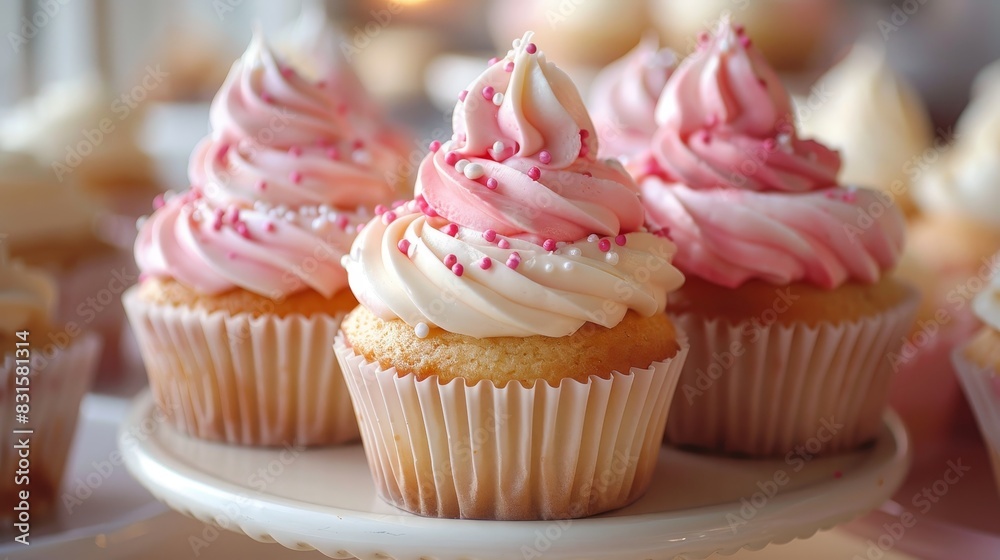 Pink Frosted Cupcakes, Cupcakes with pink and white frosting and sprinkles, Sweet Treats