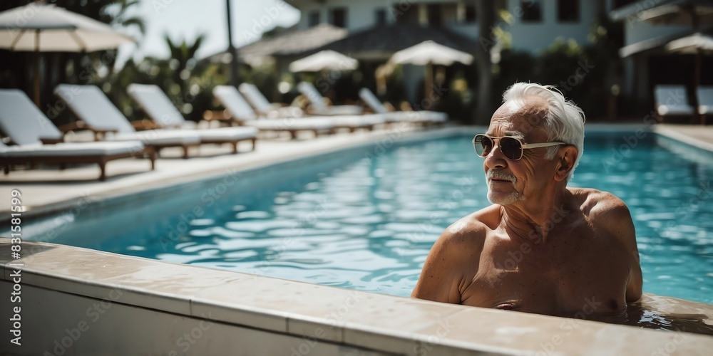 fit elderly man on swimming pool at beach resort summer vacation